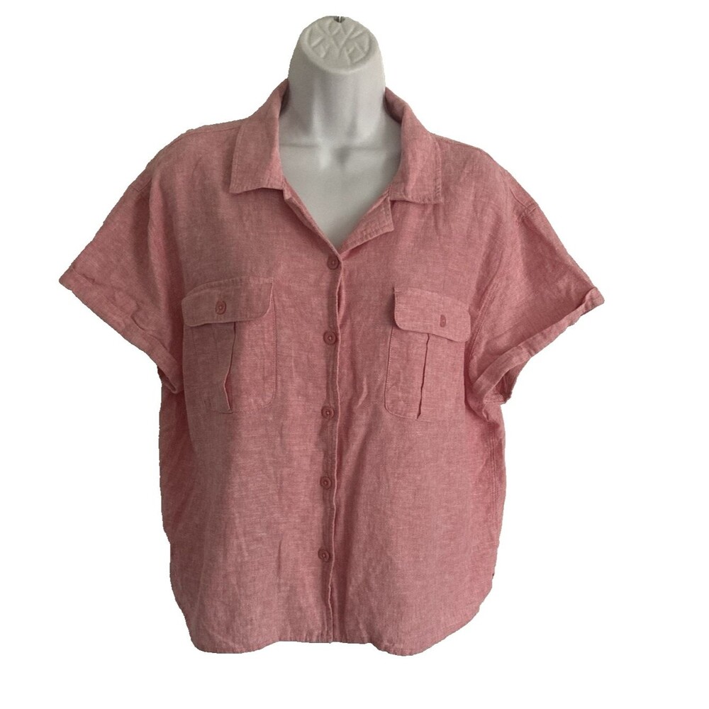 Reel Legends Womens Linen Blend Button Up Shirt XL Pink Short Sleeve Top Fishing